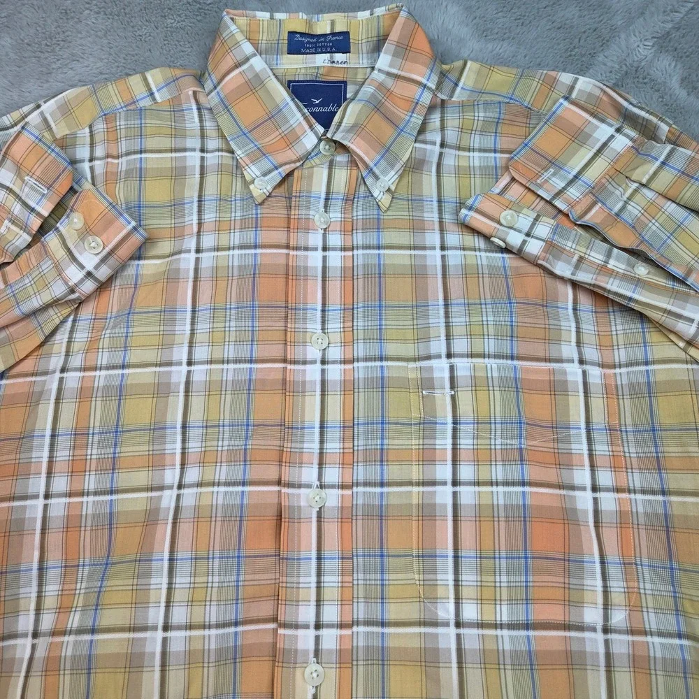 Faconnable Plaid Button‎ Down Shirt Mens Medium Orange Yellow Made in USA Cotton